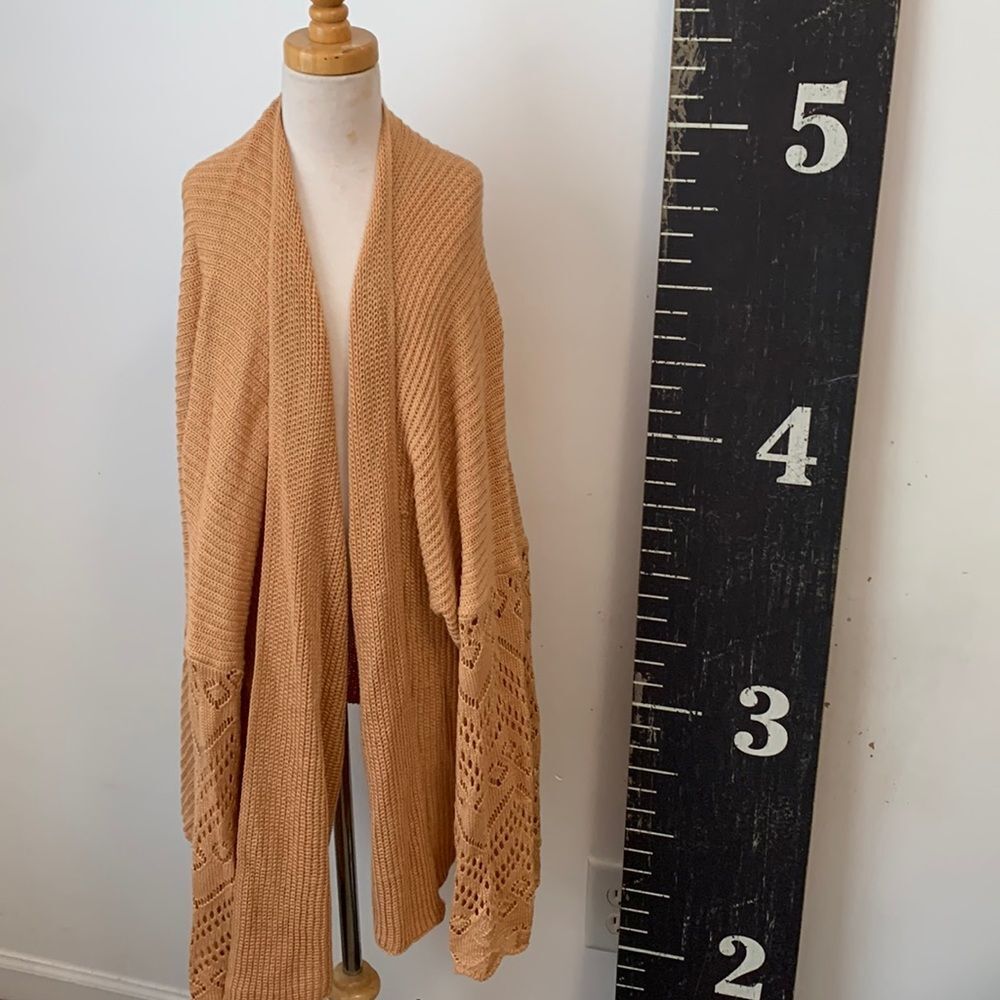 Umgee Cardigan Sweater Womens M/L Mustard Tan Boho Pointelle Open Front Knit